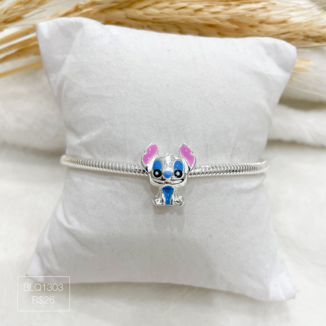 Berloque Stitch Completo Passador Esmaltado Prateado